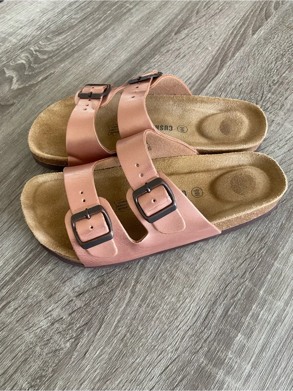 Cushionaire Dual-Buckle Pink Metallic Slide Sandals